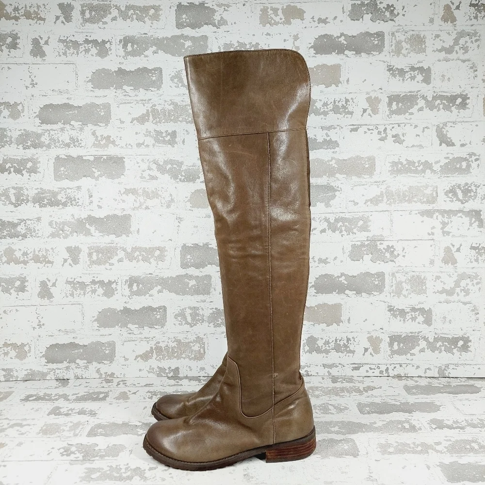 BP Brown Leather Side Zip Round Toe Low Heel Over the Knee Boots A768